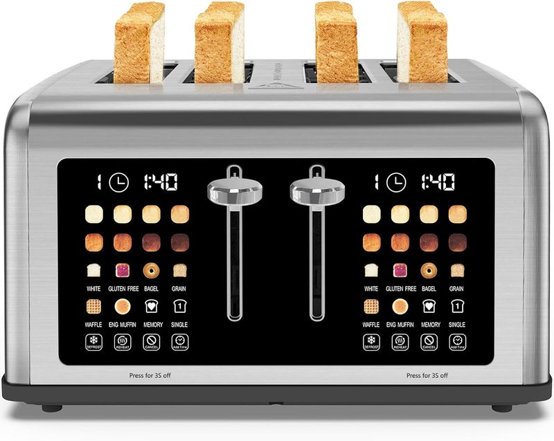 Clixane 4 Slice Toaster Touch Screen, Stainless Steel Toasters Digital Timer, Dual Control Panel Toasters, 8 Shade Settings 6 Bread Types for Bagel, Cancel, Defrost 1650W - Image 1